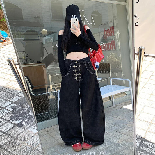 Y2k Clothes Jeans For Woman Baggy Loose Wide Leg Distressed Washed High Waist Trousers Streetwear Casual Long Pants