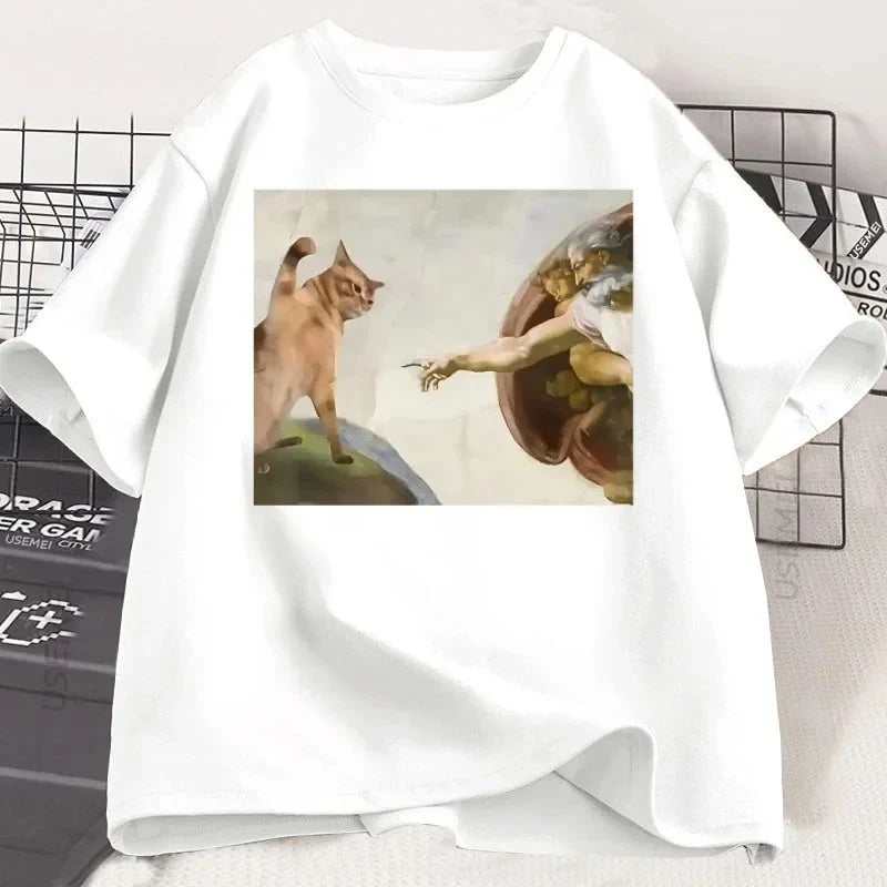 Funny Cat God Creation of Adam Meme T-Shirt Men Women Casuals Short Sleeve Jesus T Shirt O-Neck Tshirt Vintage Tees Harajuku