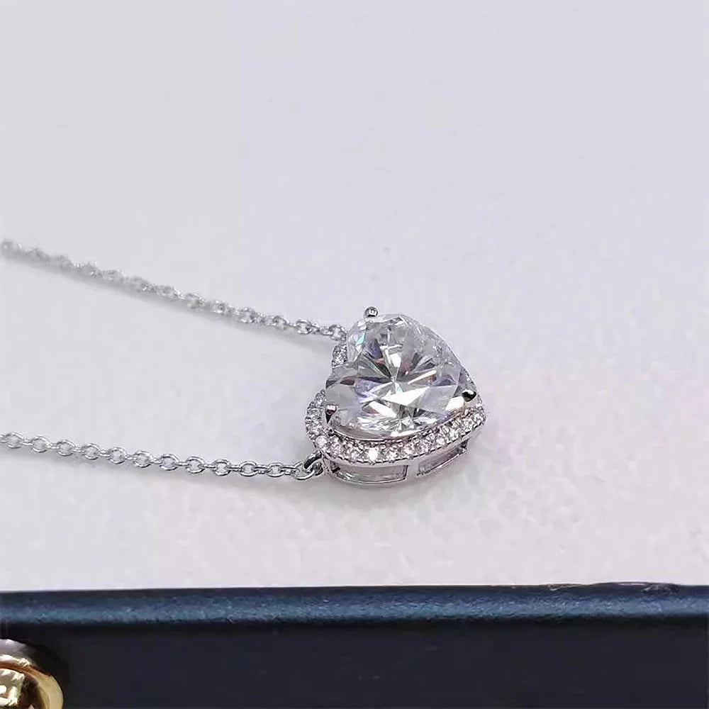 1-4CT Full Moissanite Pendant Necklace With Certificates Heart Cut Halo Diamond Necklaces For Women 925 Silver Fine Jewelry