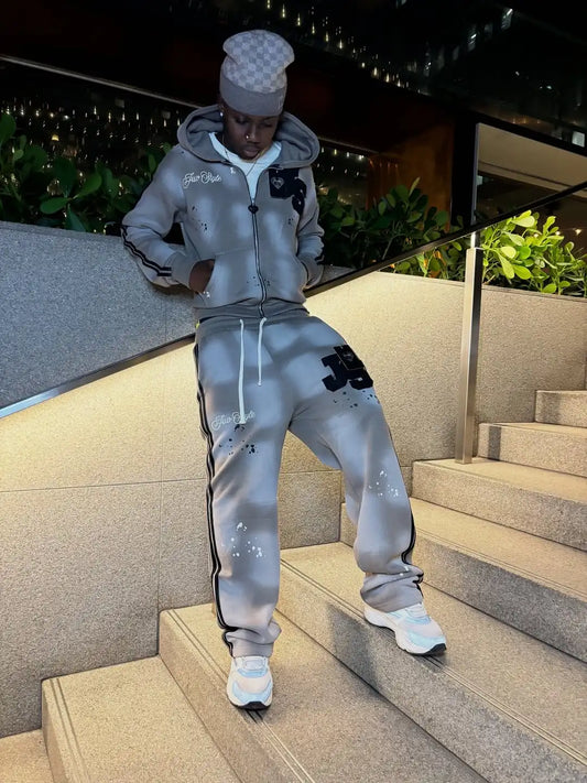 Y2K New Light Grey Classic Style Sports Set Street Hip Hop Stripe Fashion Set 2025 Men's Wear