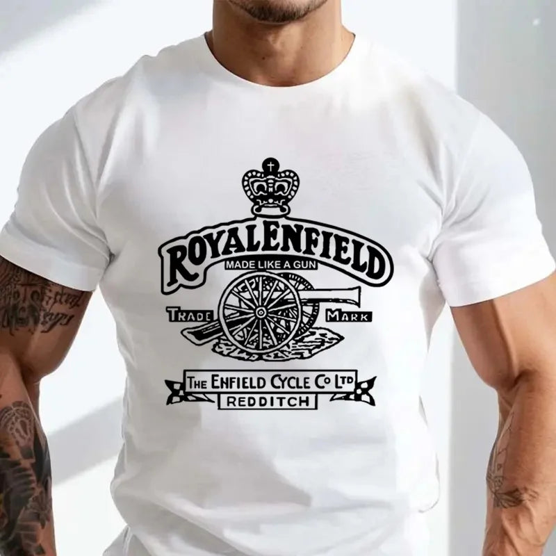 Retro classic -Royal Enfield motorcycle gun-shaped logo -Men's and women's street fashion -Cotton round-neck short-sleeved shirt