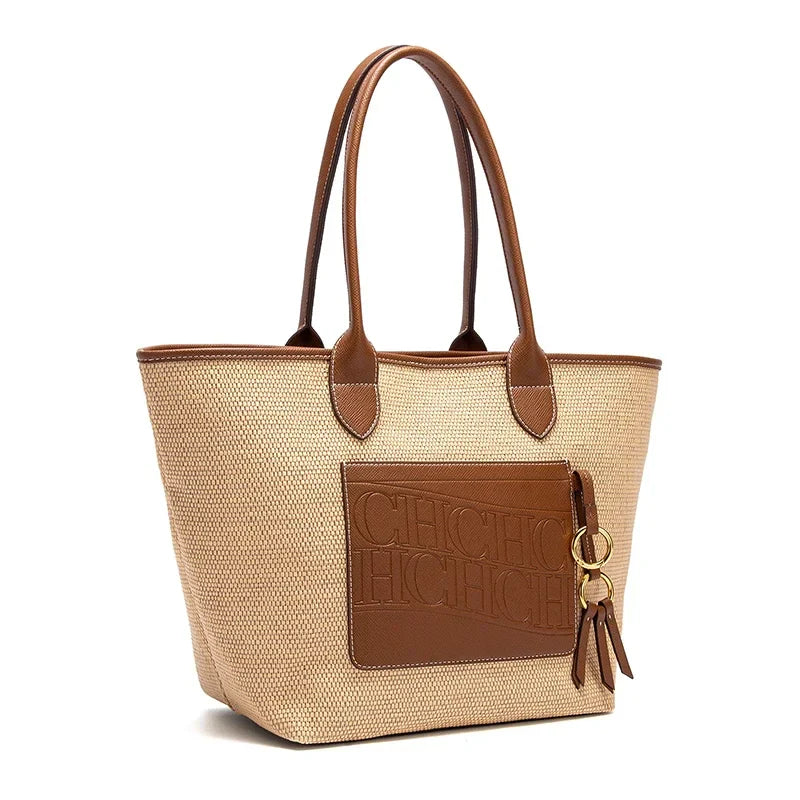 Beach Vacation Women's Tote Bag 2025 New Summer PP Grass Weaving Splicing Design Large Capacity Handbag