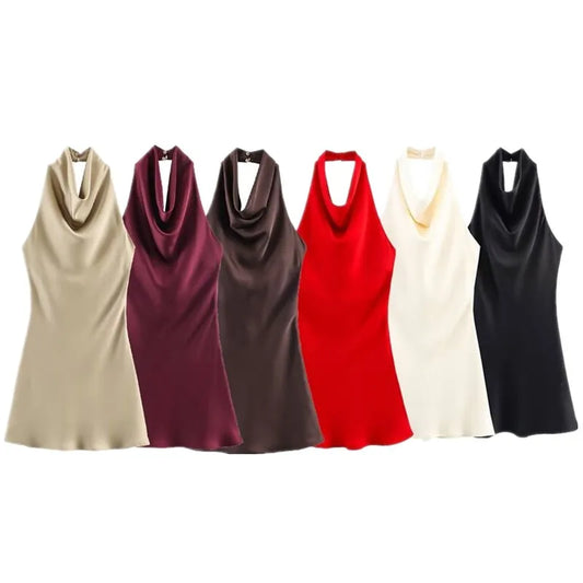Silk Satin Texture Summer New Arrival Women's Dr Hanging Ne Collar Gown Soft A-Line Skirt High Waist Pure Color