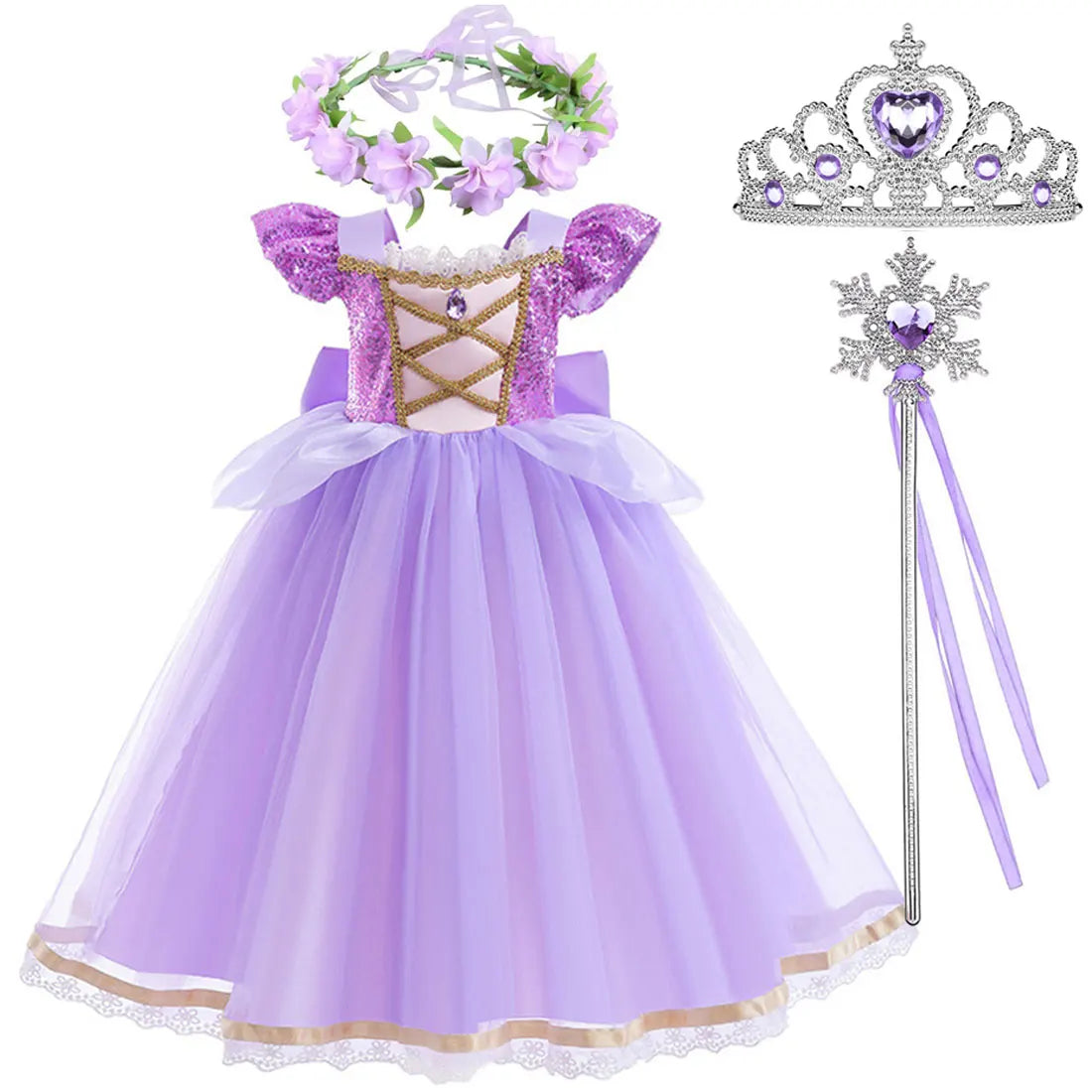 Rapunzel Short Sleeve Purple Puffy Dress + Accessories Girls Cosplay Rapunzel Summer Casual Dress Birthday Party Gift