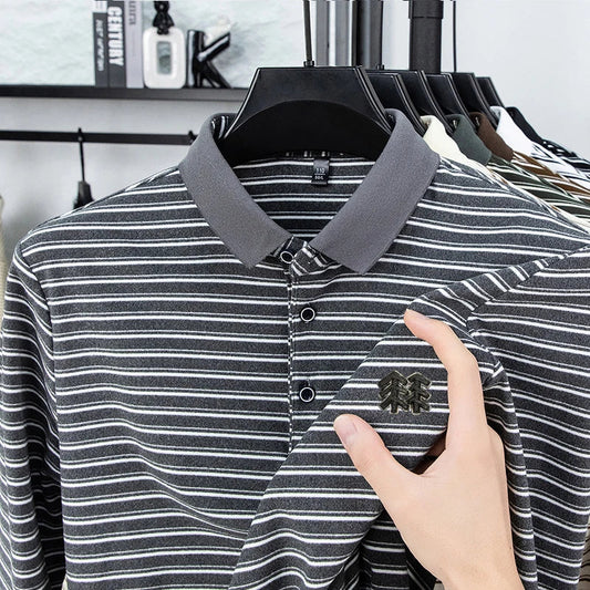 Men's Striped Long Sleeved T-shirt Polo Shirt Button Up Men's Stand Up Collar, Winter Double-sided German Velvet Base Shirt