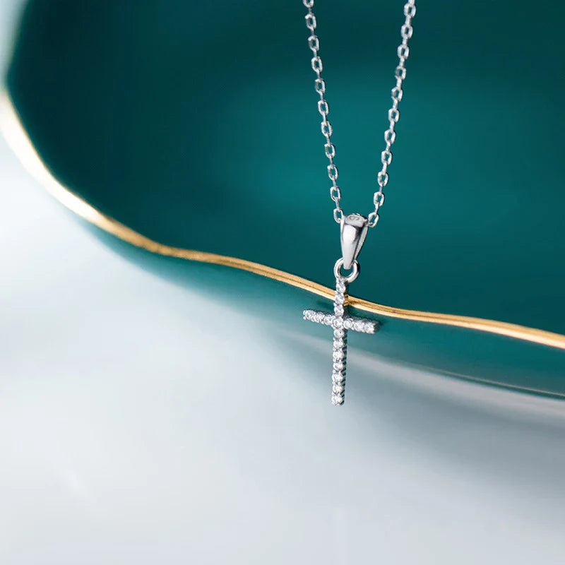 Dazzling Zircon Luxury Cross Pendant Necklace Real 925 Sterling Silver for Women Link Chain Necklace Fashion Jewelry