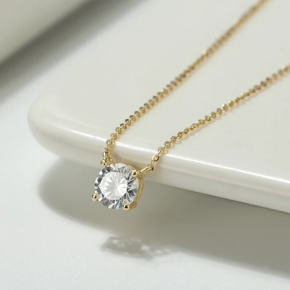 925 Sterling Silver Dainty Necklace for Women 14K Gold Plated Round Brilliant Cut Solitaire Pendant Necklace APN13