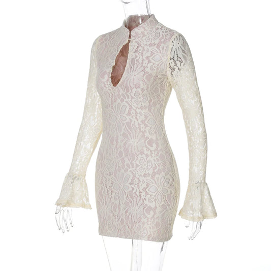 Turtleneck Long Flare Sleeve Patchwork Lace Hollow Out Button Sexy Mini Dress 2025 Spring Women Clothes Party Nightclub