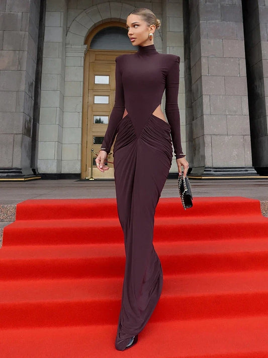 Nibber Hipster Waistless Ruched Elegant Dress Woman Autumn Style Turtleneck Full Sleeve Hollow Design Prom Party Long Bodycon