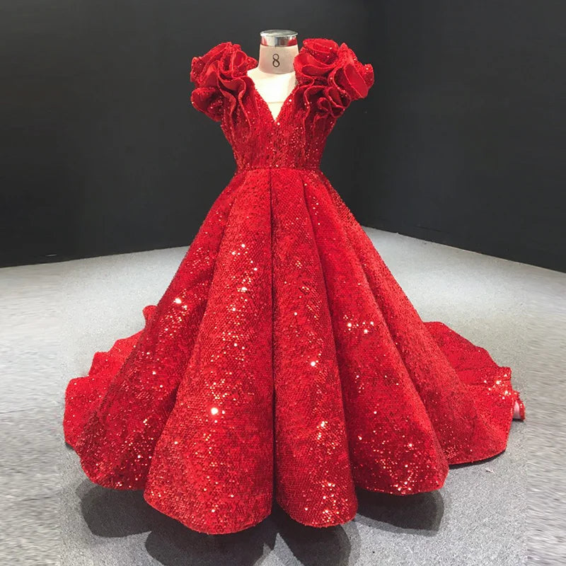Shining Red Flower Girl Dresses for Wedding Sequins Ruffles Puffy Girl Kids Birthday Party First Holy Communion Gowns Customized