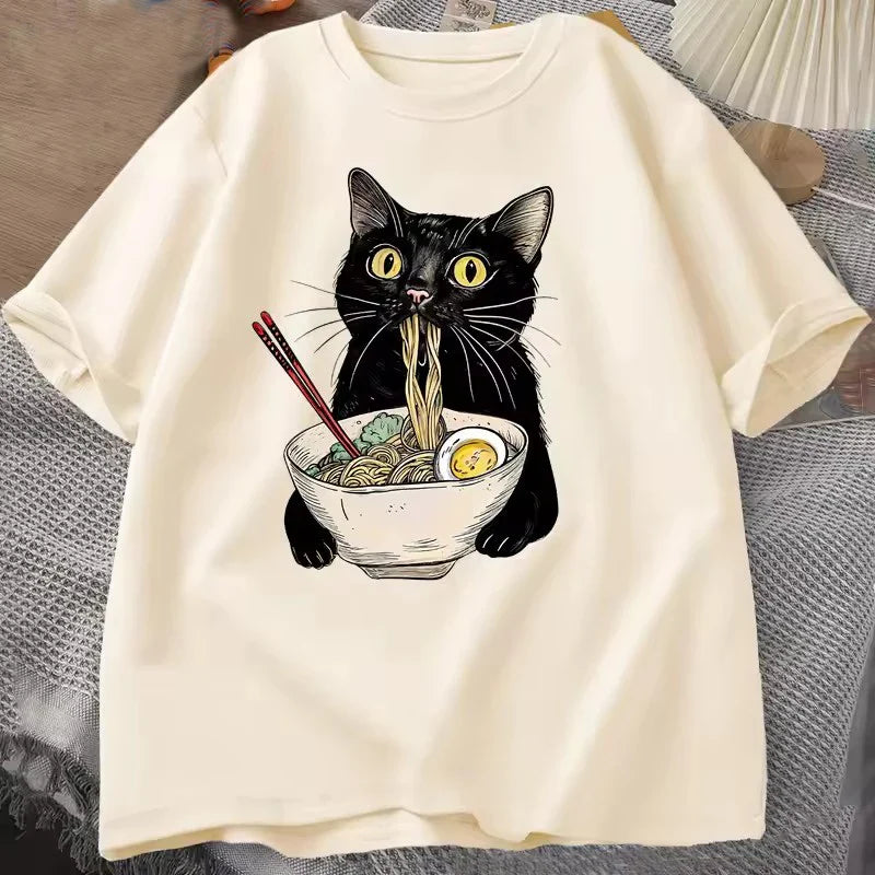 Cotton Noodle Ramen Cat T Shirt Foodie Lover T Shirts Black Cat T-Shirts Retro Casual Short Sleeve Tshirt Men Women Clothes