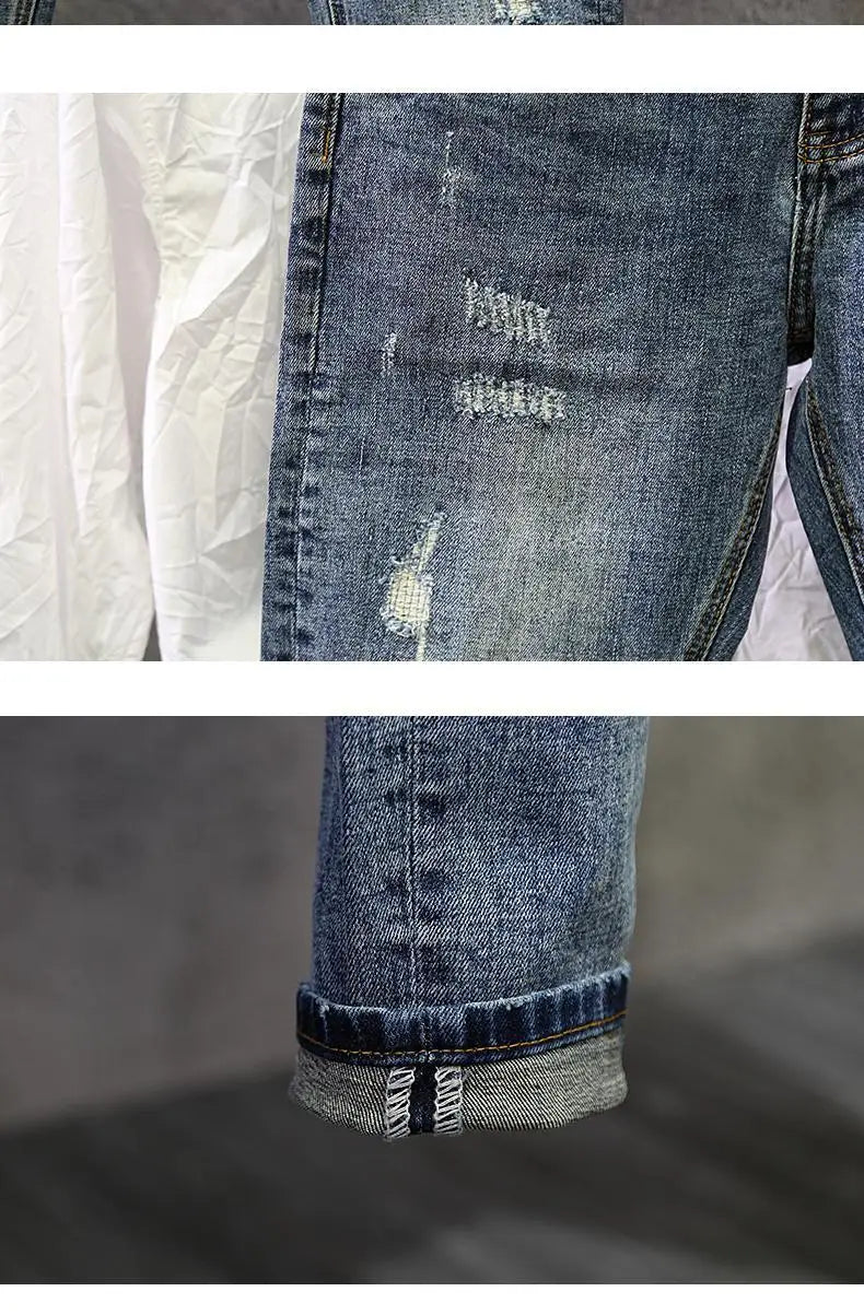 Jeans Ripped Trendy High Street Men's Long Pants Men's Brand Knees 2025 New Spring Autumn Slim Feet Streetwear Men Blue Jeans