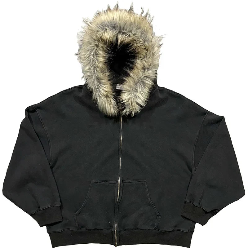 2025 Autumn/Winter New Y2k Sweatshirts Harajuku Artificial Fur Collar Hoodie Clothing Pattern Hip Hop Punk Gothic Zipper Hoodie