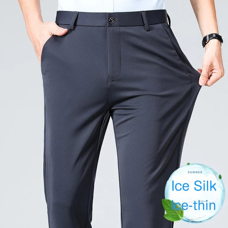 Men's Summer Dresses Long Pants Slim Fit Business Pants Lightweight Ice Silk Office Pants, Wrinkle Resistant and Elastic