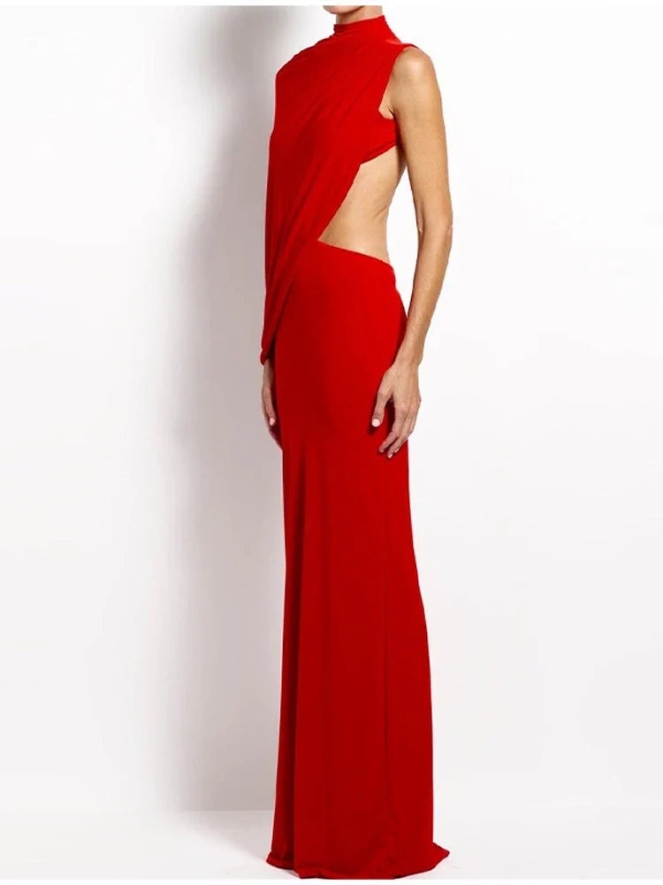 Red Asymmetrical Draped Backless Maxi Dress One Shoulder High Neck Cutout Bodycon Evening Gown For Women Formal Party