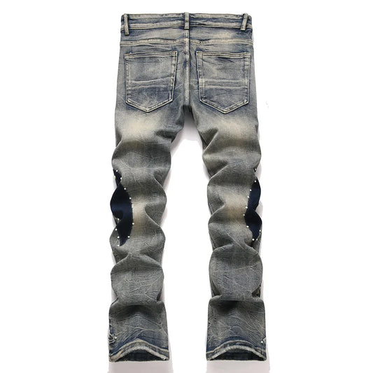 Men's Pearl Boot Cut Denim Jeans Embroidery Patch Slim Flared Pants Casual Streetwear Vintage Blue Trousers