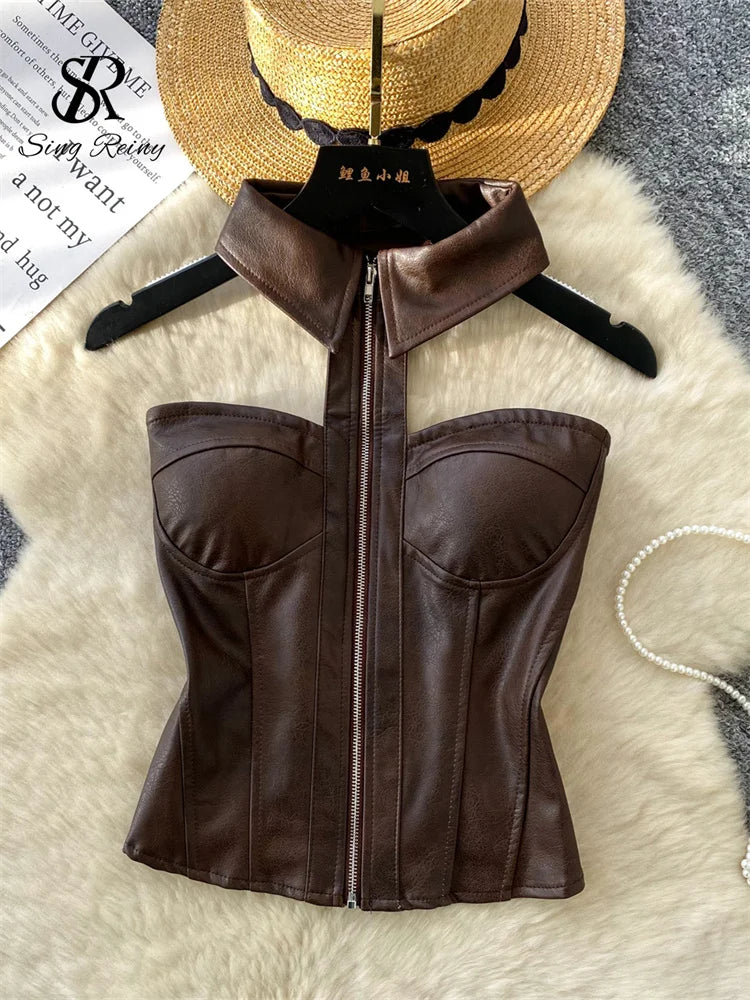 PU Leather Halter Camis Female Zipper Night Club Spicy Girl Tops Off Shoulder American Retro Sensual Bodycon Corset