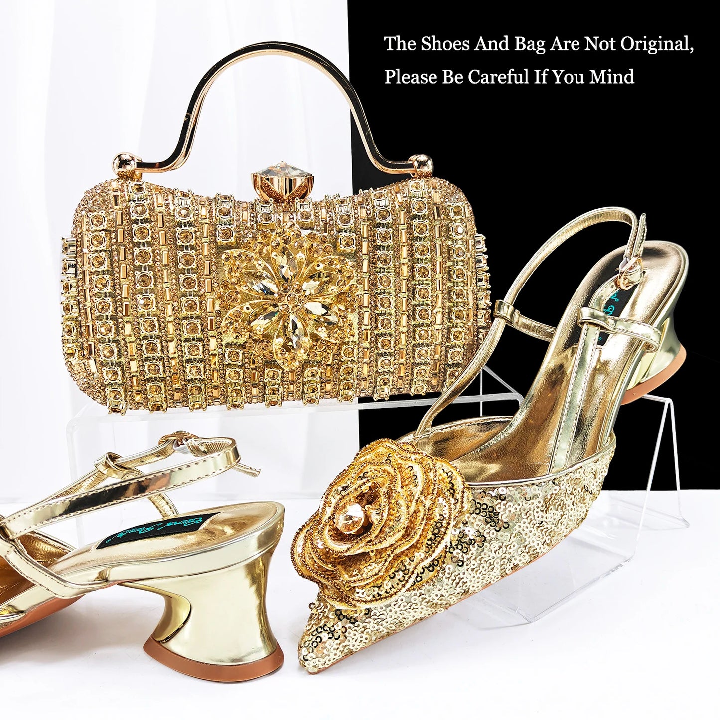 Nigerian Gold Color Party for Women Shoes and Bag Mixed Package Sequins Handbag Italian Design Wedding