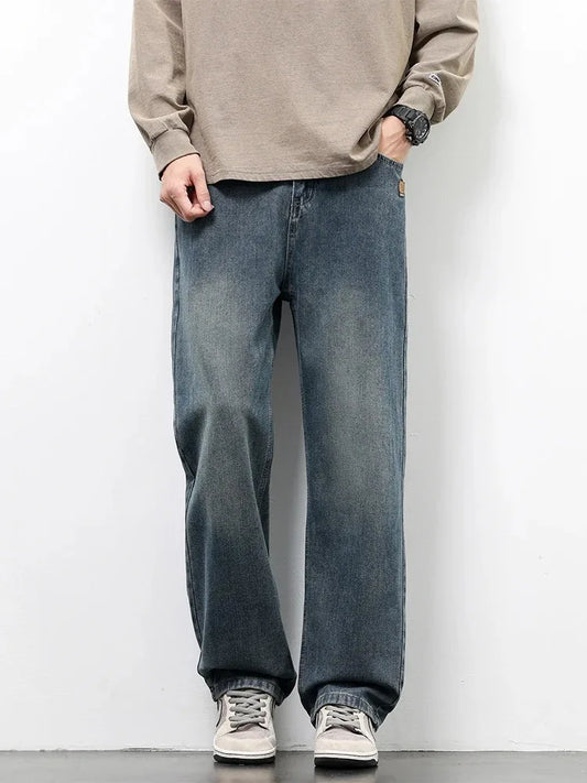 Spring Autumn American Retro Straight Jeans Men Streetwear Korean Fashion Loose Baggy Wide Leg Denim Pants Male Casual Trousers