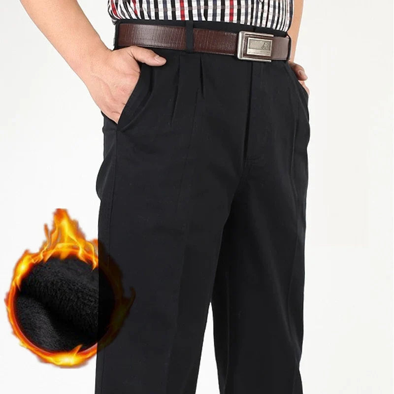 High Waist Double Pleated Warm Thick Fleece Winter Casual Pants Men Loose Straight Cotton Office Trousers Plus Size 42 44 46
