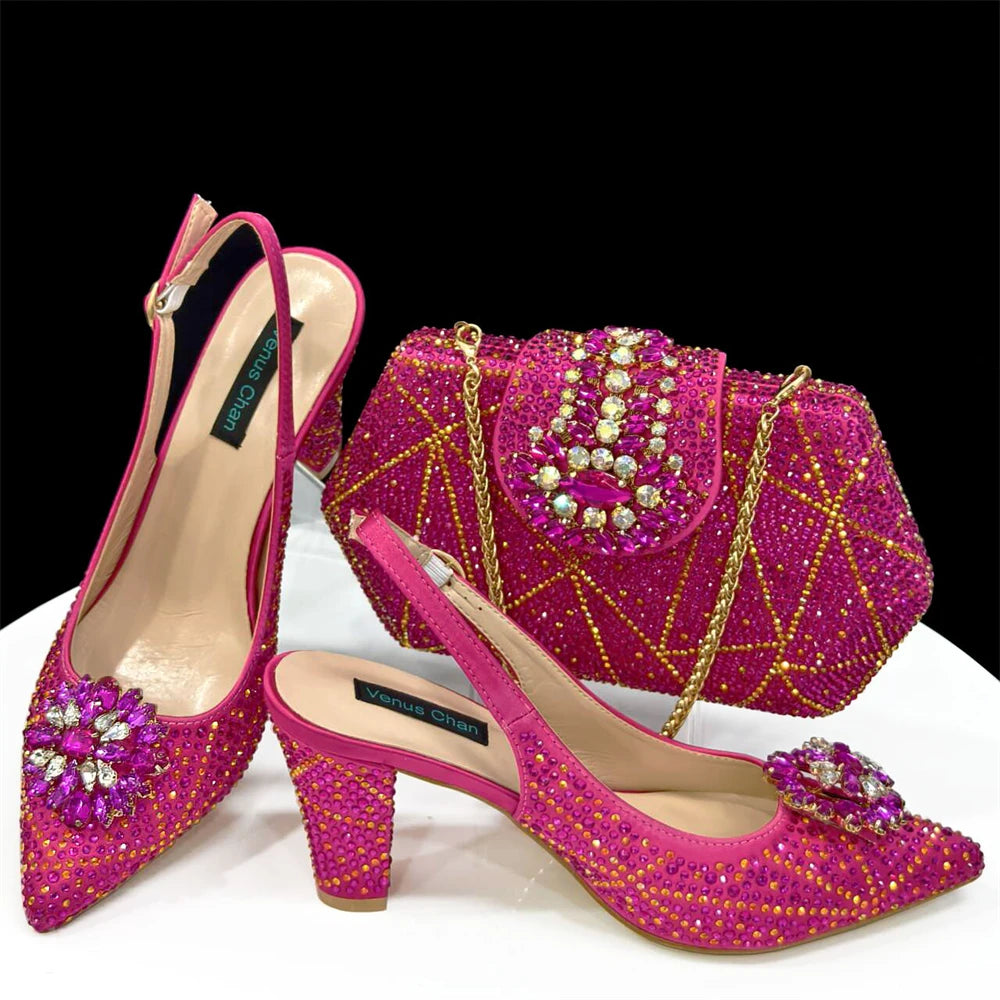Nigerian Women Heel Party Ladies Italian Design Shoes And Bag Set Decorated with Rhinestone Handbag Wedding Party