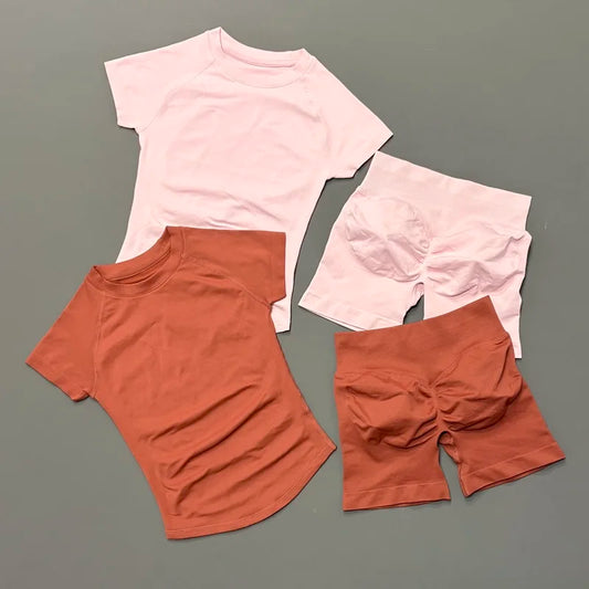 2 Piece Gym Sets Women Seamless Short Sleeve Top Butt Lifting Shorts Workout Fitness Running Sports Yoga Tracksuit