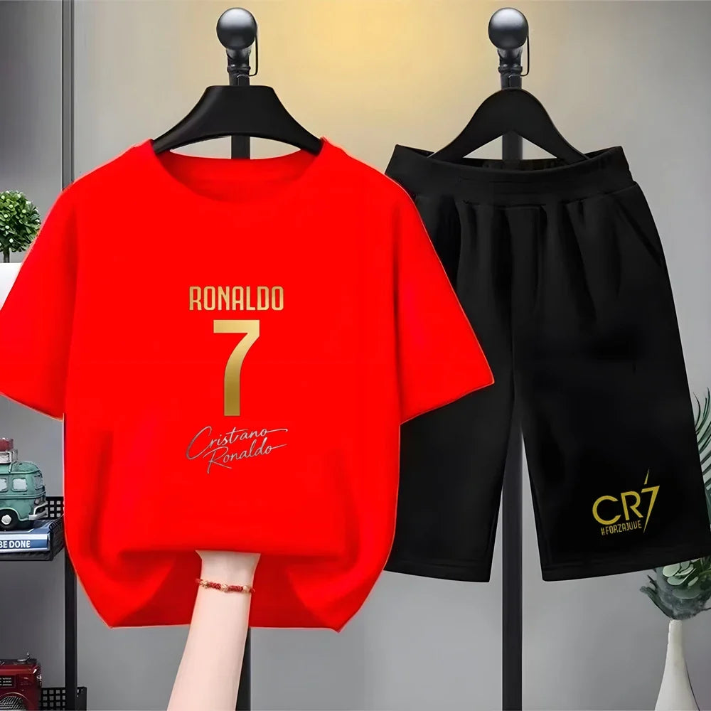 Children Short-sleeved T-shirt+Shorts Black Boys Girls Toddler 3-12Yrs Sports Set Football Player No. 7 Summer Cool Clothing
