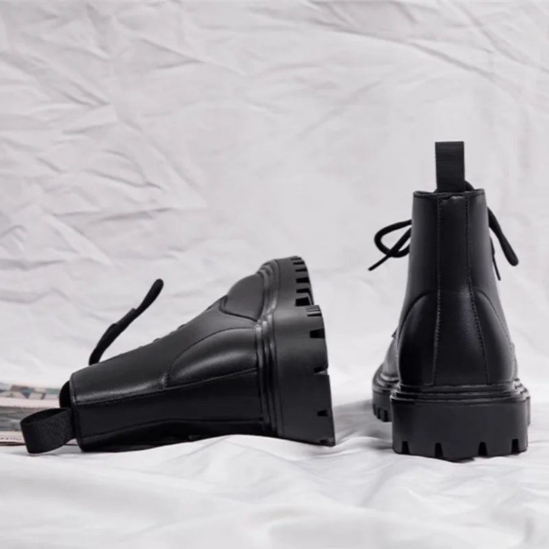 Black Men's Casual Leather Boots Fashion Winter Men Work Boot Mens Shoes Non-slip Designer High Top Ankle Boots Motorcycle Shoes