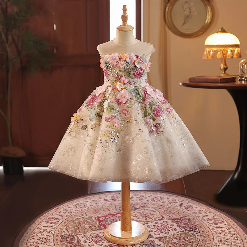 Girls' High-End French Style Forest Series Flower Little Host Walk Show Piano Performance Birthday Party Princess Dress