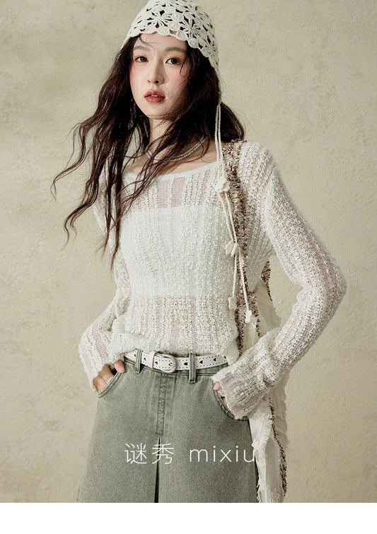 Women 's Apricot White Hollow Knitted Sweater Spring 2025 Mohair Cover Drop Sleeve Top Strapless Slim Tube Top MXE12Z1120