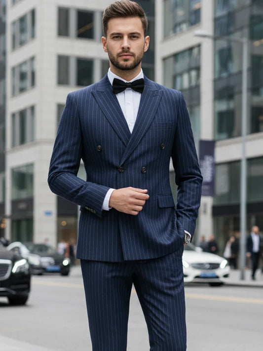 Men Striped suit Double Breasted High-end Brand Formal Business Slim Fit Coat Pants 2 Pieces Set Fashionable and Casual