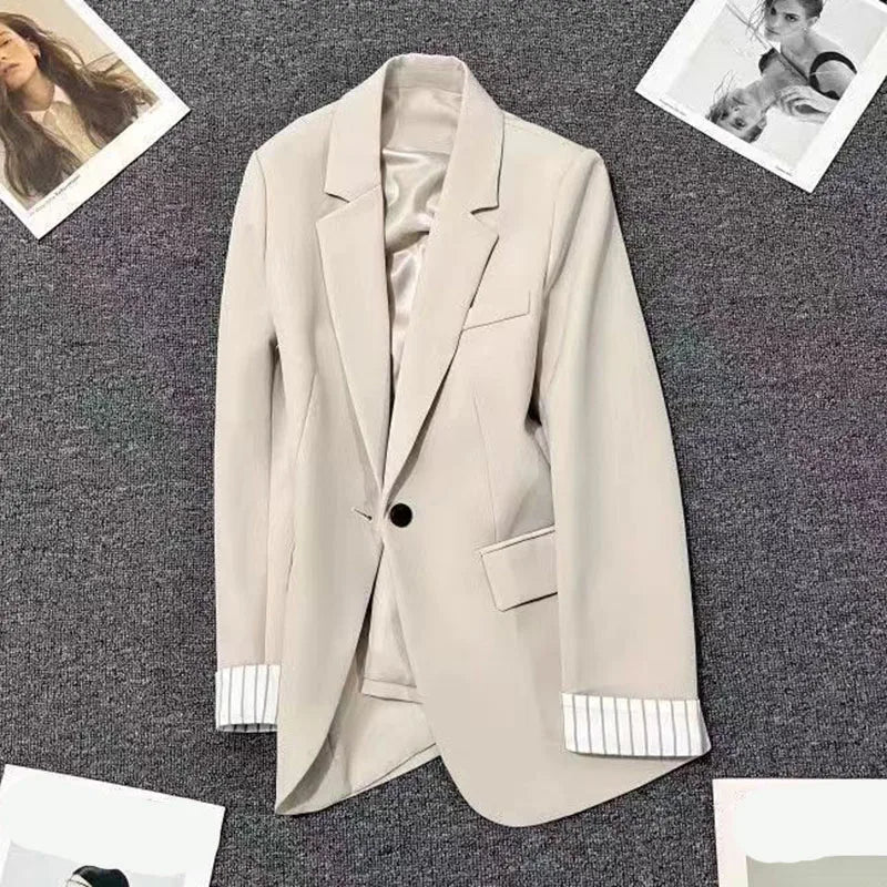 2025 New Beige Notched Collar Jacket Women Korean Chic Patchwork Long Sleeve Small Suit Coat Casual Simple Single Button Blazers