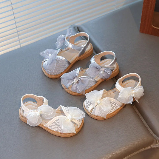 2025 Mesh Peep-toe Princess Shoes Girls Sandals with Tulle Butterfly-knot Summer Evening Wedding Party Bridesmaid Sandals I05292