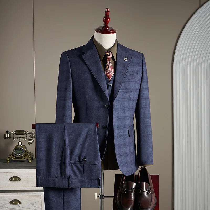 High-quality, Fashionable and Stylish Wedding Casual Checkered Suit Set, Men's Business Casual Suit Three-piece Set