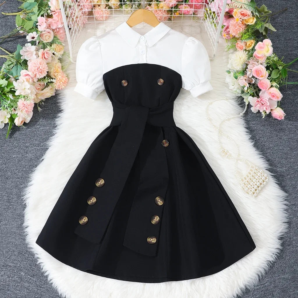 2025 Vintage Elegant Kids Girl Dress Summer Short Sleeves School Graduation Birthday Party Children Dresses 7 8 9 10 11 12 Yrs