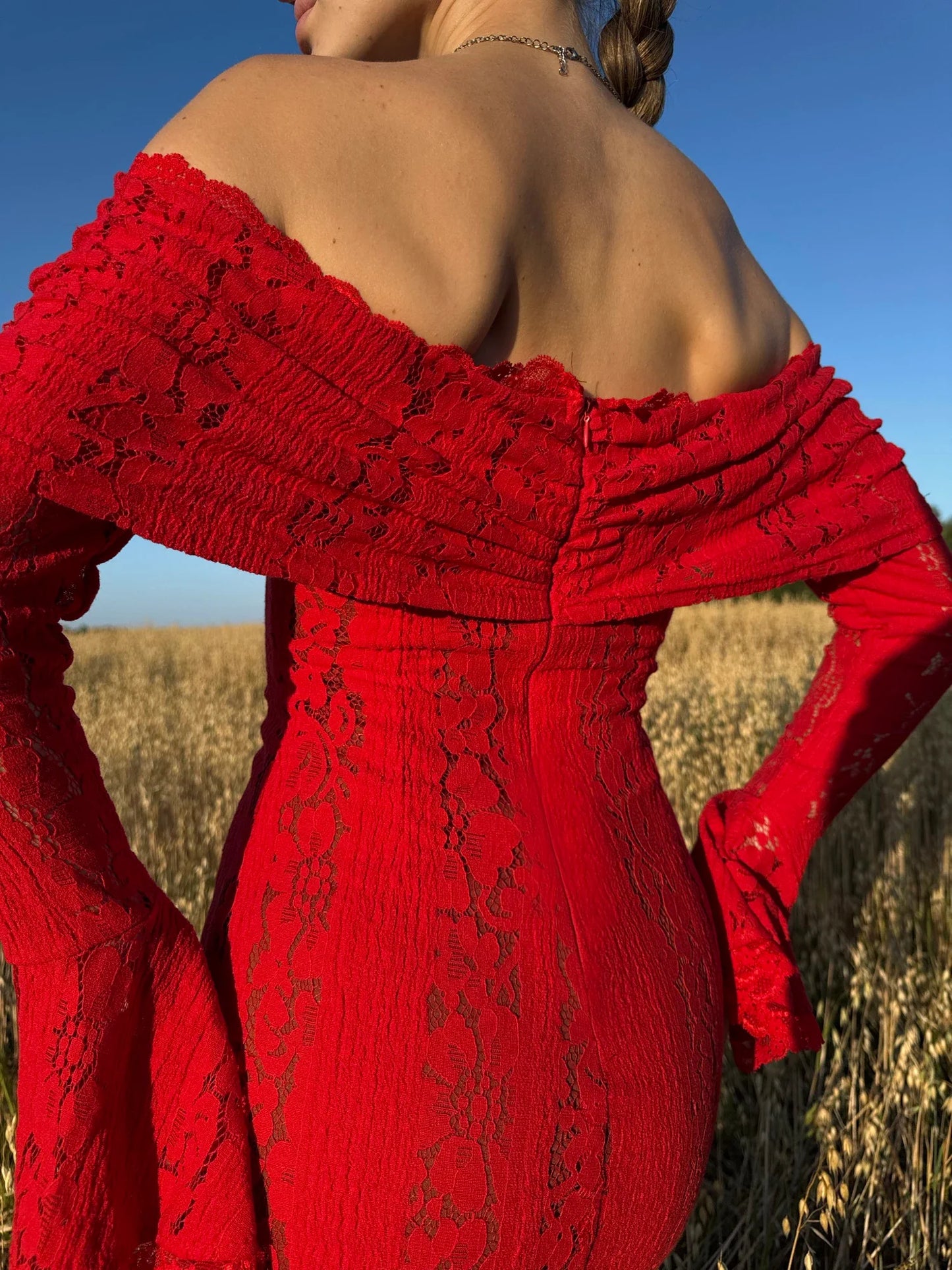 White Maxi Wedding Guest Dress Women 2025 Elegant Off The Shoulder evening party dresses red lace flare sleeve dress