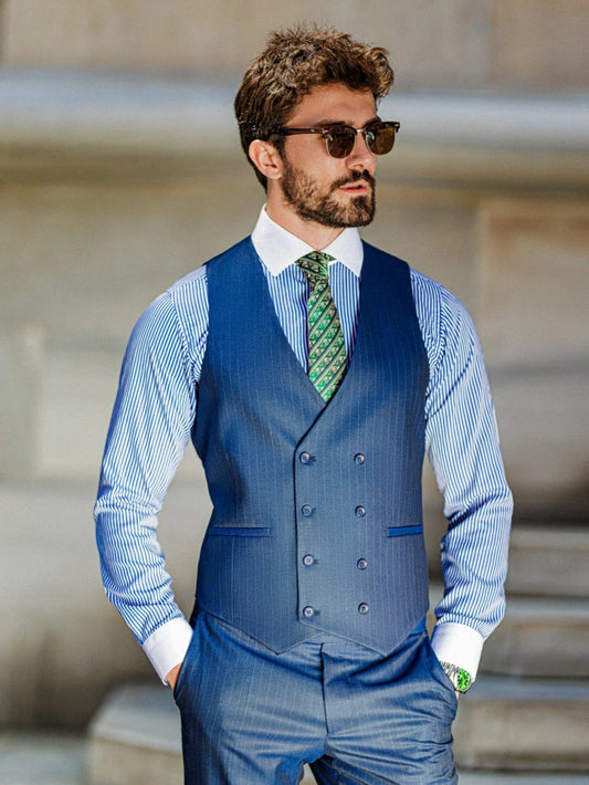 Blue Striped Tuxedo Blazer Vest Pants 3 Pieces For Formal Occasion Handsome Modern Peak Lapel Men's Business Suit Set Customized