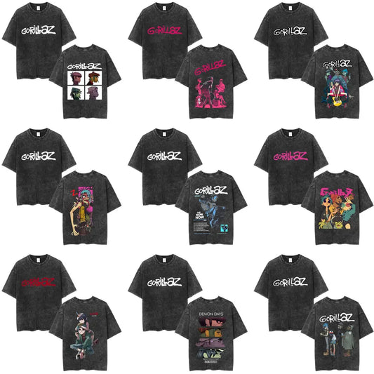 Washed Vintage Rock Band Gorillaz The Now Now Album Graphic T-shirts Men Women Clothing Hip Hop Punk Oversized Crewneck T Shirts
