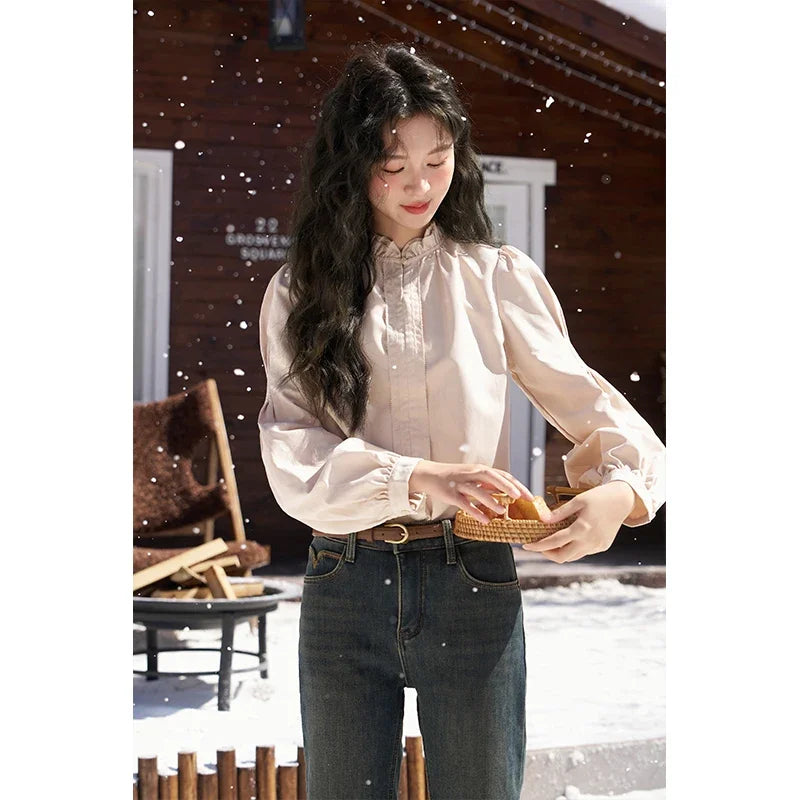 French Autumn Winter Button Up Lantern Long Sleeve Shirts Women Ruffle Neck Thick Warm Blouse Flannel Shirt MXC56X1320