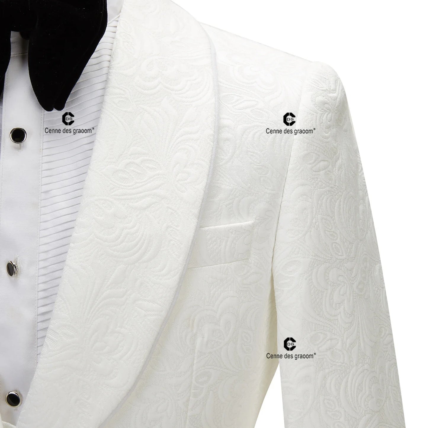 2023 Men's Suit for Wedding Ivory Paisley Jacket Tuxedo Black Pants with Satin Side Stripe Slim Fit Shawl Lapel
