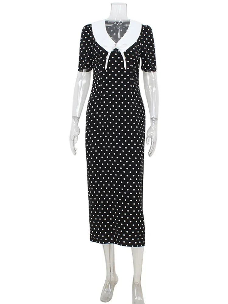 Dot Patchwork Hip Wrap Short Sleeve V Neck Elegant Women Dresses Sheath Fashion Sexy Club Bodycon Female Vestidos Robes
