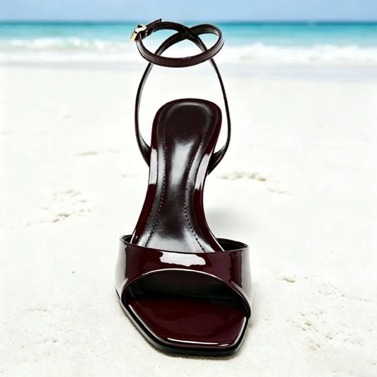 Elegant Burgundy Patent Leather High-heel Sandals Women Fashion Square Toe Stiletto Designer Shoes Sexy Open-toe Slingback Heels