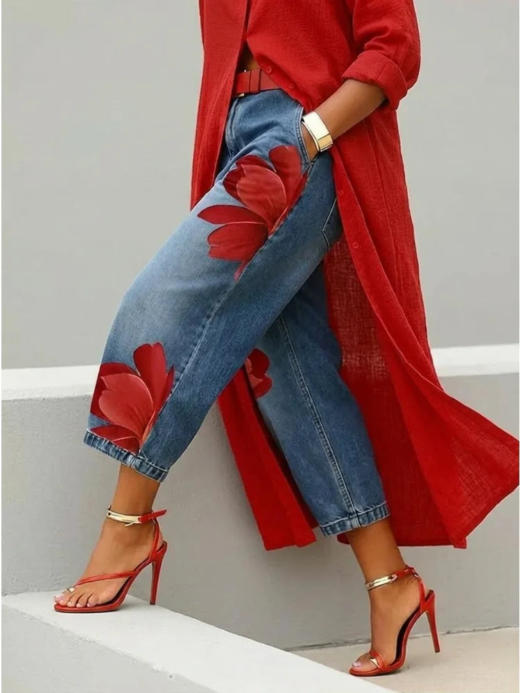 Women's High Waist Cropped Jeans Large Red Floral Print Relaxed Fit Denim Capri Pants 2026 Summer Streetwear Pants
