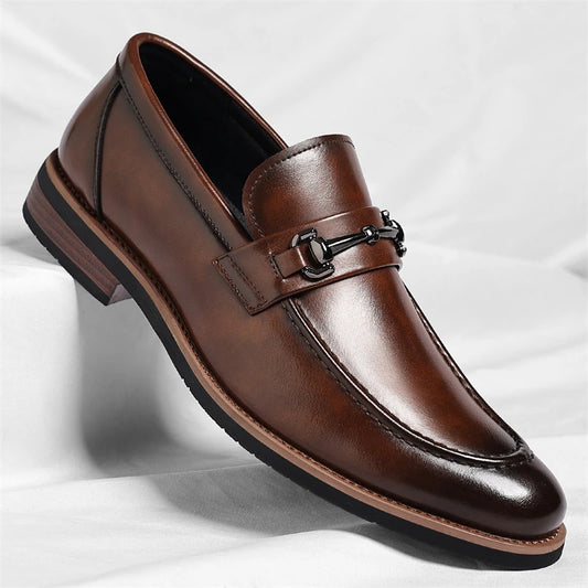 Mens Brown Burnished Genuine Leather Horsebit Loafers Slip On Formal Business Office Wedding Groom Daily Wear Shoes Simple New