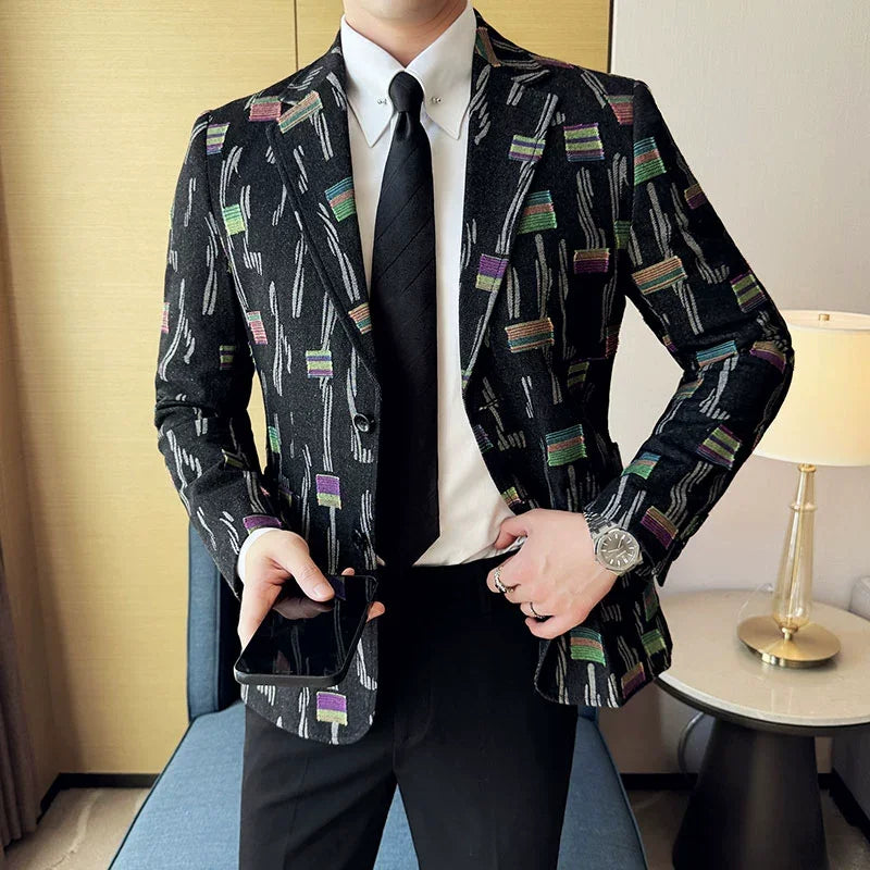 2025 New Luxury Denim Jacquard Suit Coats Men Fashion Slim Fit Suit Casual Business Party Coat Uniform Wedding Social Tailcoat