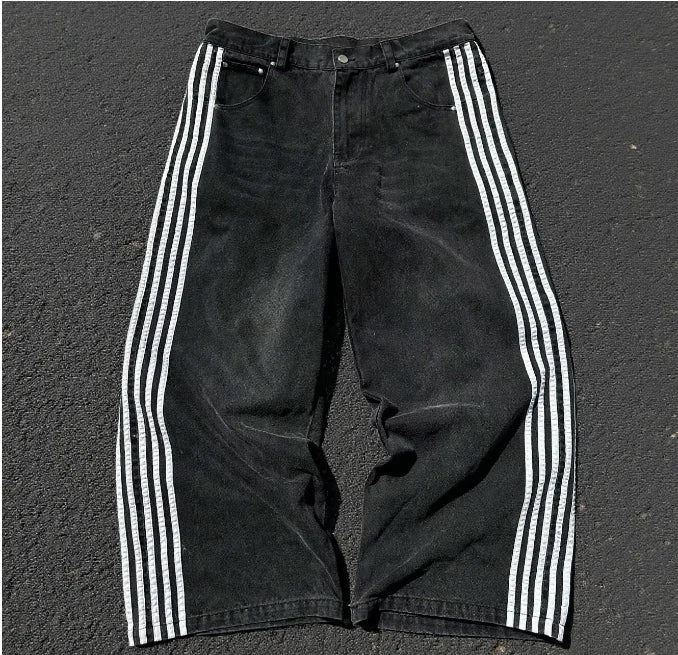 Y2K American Retro High Waisted Jeans Loose Wide Leg Pants Harajuku Style Street Striped Gothic Niche Design Casual Pants