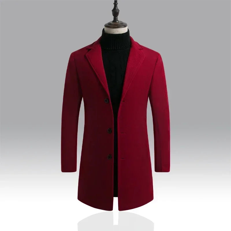 Men Long Cotton Coat 2025 Autumn Winter Wool Blend Pure Color Business Casual Slim Fit Windbreaker Jacket Fashion Men Clothing