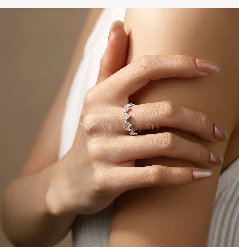 Zigzag Wave Pave Moissanite Rings for Women S925 Silver Eternity Stackable Band Dainty Versatile Everyday Party Jewelry
