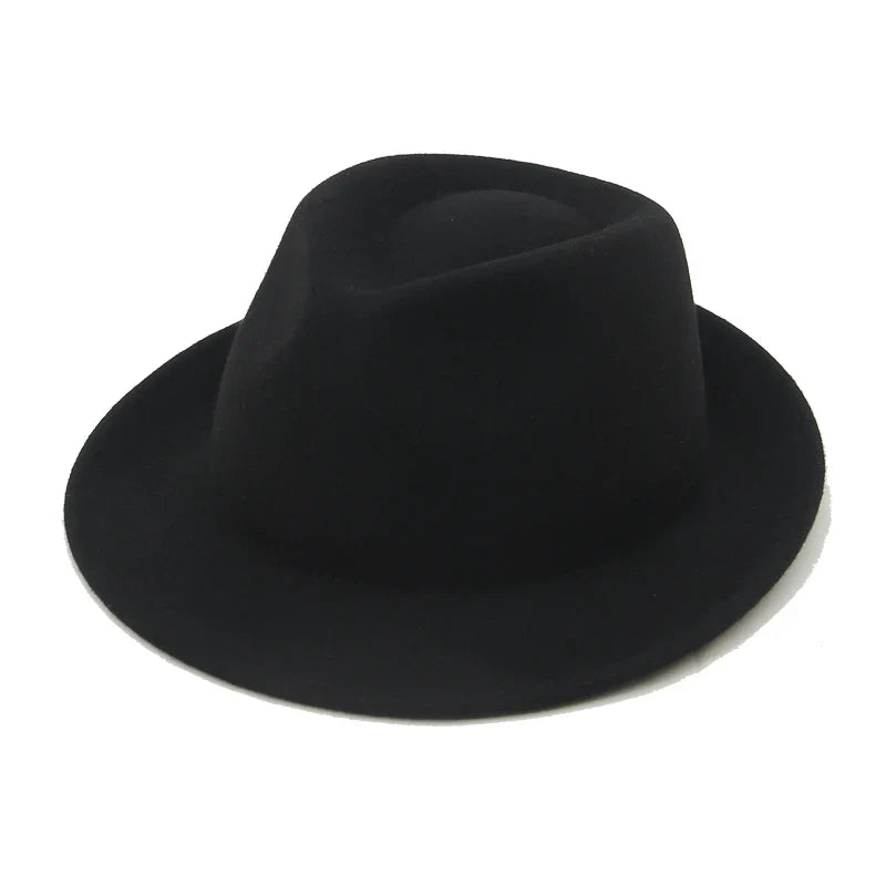 100% Wool Black Retro Felt Jazz Hats for Men Women Short Brim Gentleman Soft Trilby Fedora Panama Hat with Belt