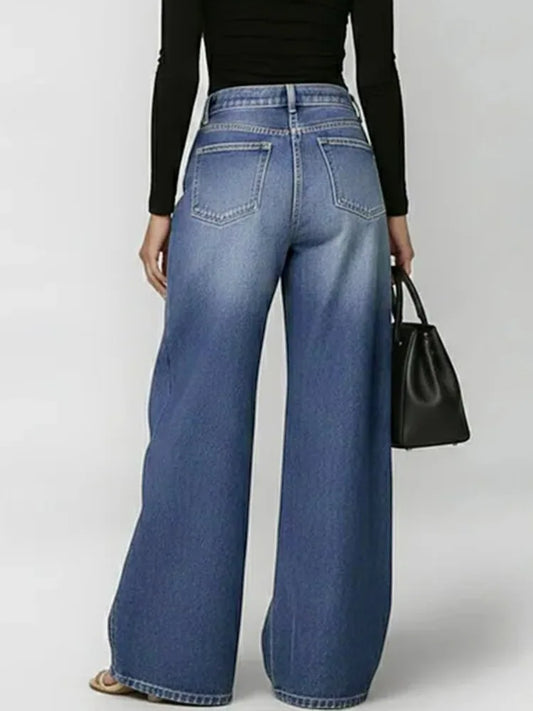 Missuoo Women's Washed Blue High-Waist Metal Grommet Wide Leg Jeans 2026 Casual Loose Fit Streetwear Pants Casual Trousers